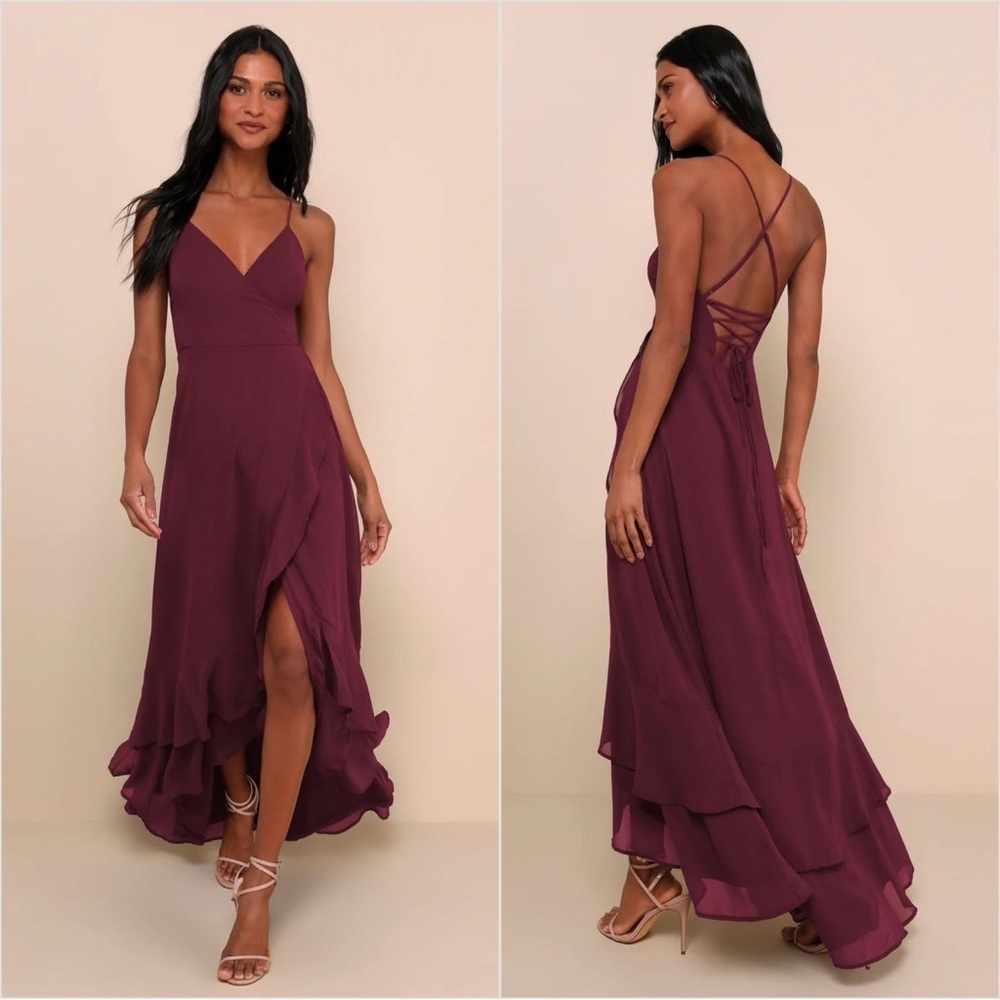 Lulus In Love Forever Plum Lace-Up High-Low Ruffle Maxi Dress Women’s Small, XXS